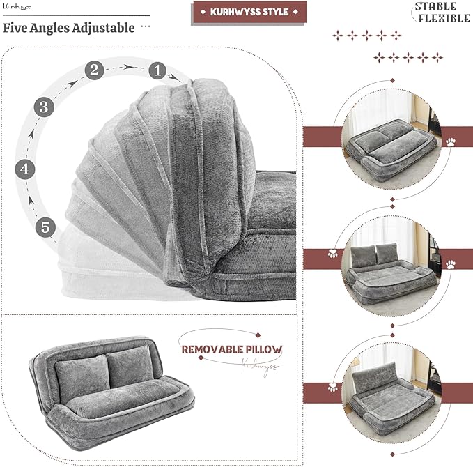 Extra Large Human Dog Bed for Adult & Pets, Convertible Floor Sofa Bed with 5 Adjustable Position, Lazy Couch Giant Bean Bag Lounge Chair Comfy Tatami with 3 Pillows for Bedroom Living Room (Grey)