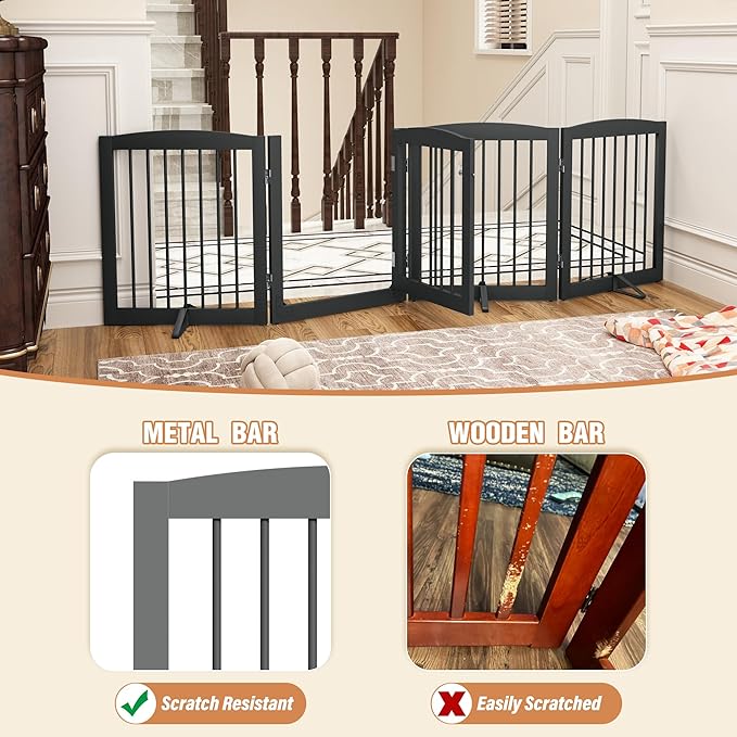 Freestanding Dog Gate with Door, Pet Gate for Stairs, 80 inch Wide Pet Barrier Indoor, Dog Fences Indoor, Support Feet Included, 4 Panels, 24" Tall, Grey