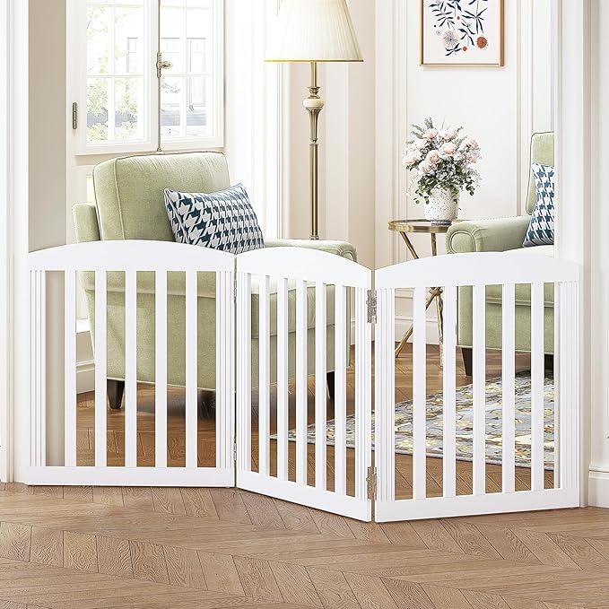 SPIRICH Dog Gate Indoor, Dog Gates for Doorways, Stairs, The House, Wooden Freestanding Foldable Pet Gate, Extra Wide Step Over Puppy Gate, 3 Panels, White