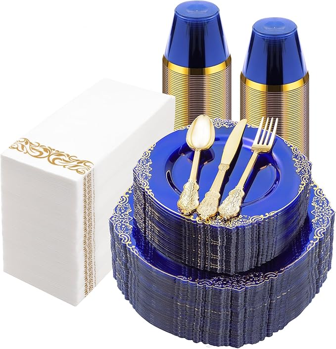 350PCS Clear Blue Plastic Plates for 50 Guests, Disposable Plates with Gold Trim include 50 Dinner and Dessert Plates, 150 Gold Silverware, 50 Cups, 50 Napkins for Party, Wedding & Graduation