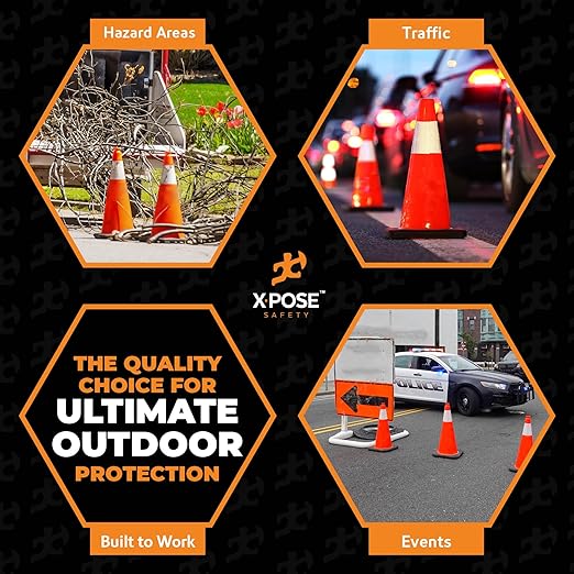 Xpose Safety 28 Inch Orange Traffic Cones with 6" Collar - 12 Pack Multipurpose PVC Plastic Safety Cone for Parking, Soccer, Caution, Kids and Construction - DOT Approved