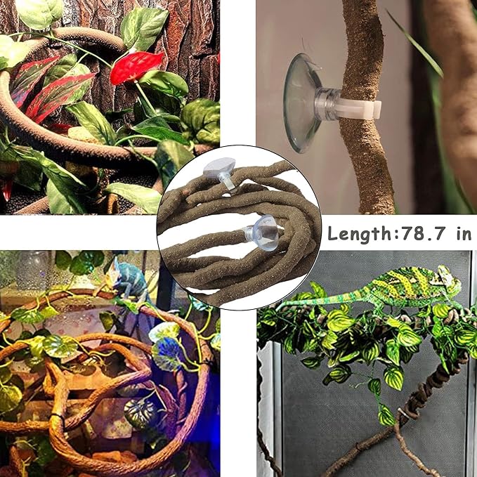 kathson Bearded Dragon Hammock Reptile Hideout Wooden Bridge Jungle Climber Vines Flexible Reptile Leaves with Suction Cups Reptile Habitat Decor for Chameleon, Lizards, Gecko, Snakes Climbing Hiding