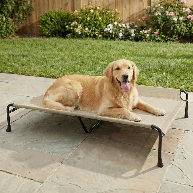 Veehoo Outdoor Dog Bed, 53" XXL Raised Dog Bed, Elevated Dog Bed with Headrest Sides, Washable Cooling Dog Cot with Non-Skid Feet, Breathable Mesh, Portable Pet Hammock for Indoor or Camping, Beige