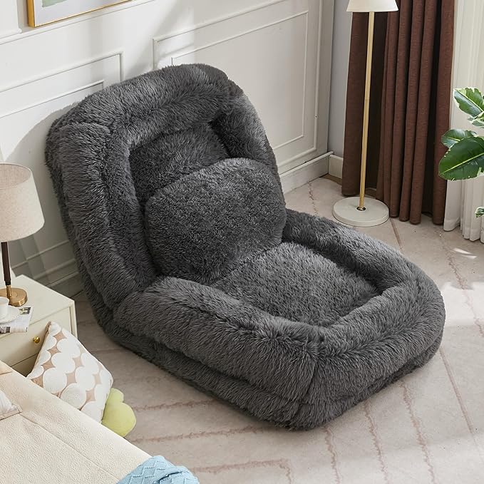Human Dog Bed for Adult and Kids, Comfy Foldable Lazy Floor Sofa Bed with 5 Adjustable Position, Grey Upholstered Floor Bean Bag Lounger Chair for Bedroom, Living Room,Office (Dark Gray)