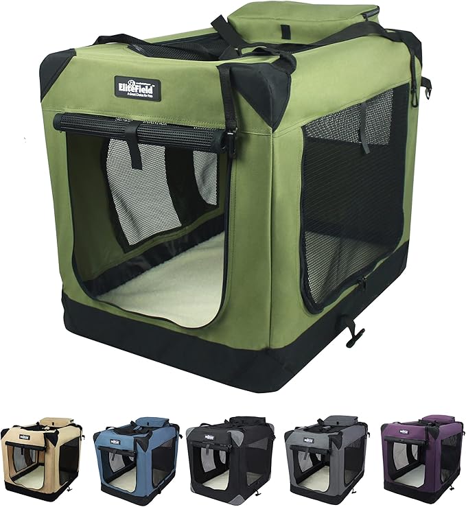 EliteField 3-Door Folding Soft Dog Crate with Carrying Bag and Fleece Bed (2 Year Warranty), Indoor & Outdoor Pet Home (30" L x 21" W x 24" H, Sage Green)