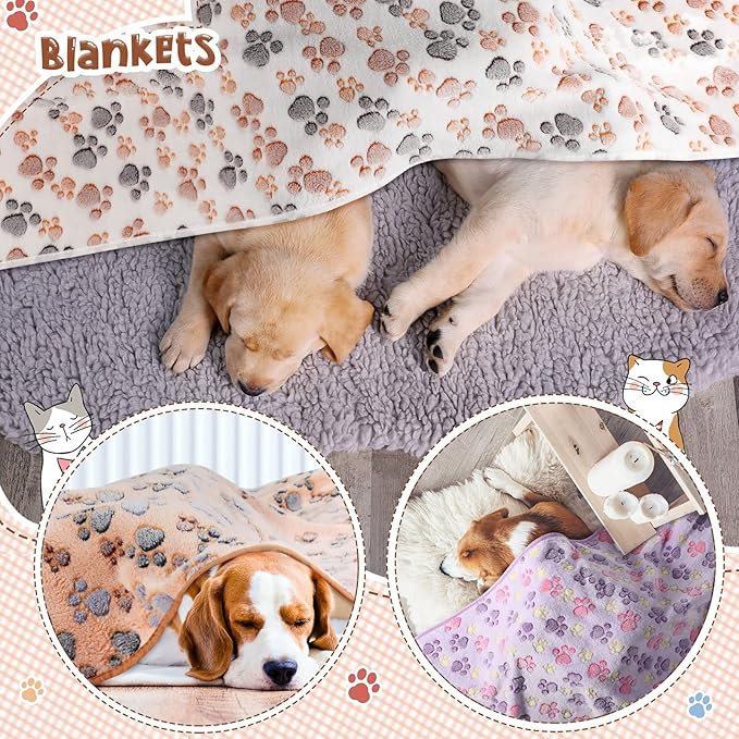 Tatuo 4 Pcs Dog Blanket for Pet Cat Blankets Indoor Puppy Teething Stuff Toys Paw Print Fleece Soft Blanket Sleep Mat for Guinea Pig Cage(White, Coffee, Pink, Purple,XX-Large(40 x 63 Inch),Square)