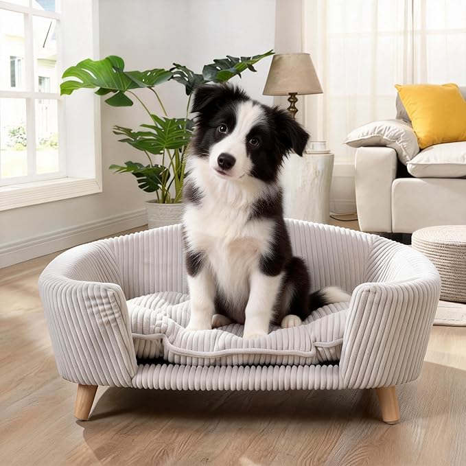 Dog Sofa Couch Bed for Small Dogs, Durable Corduroy Rectangle Pet Sofa with Soft Cushion, Modern Elegant Elevated Mini Dog Couch Bed with Backrest and Armrests, Beige