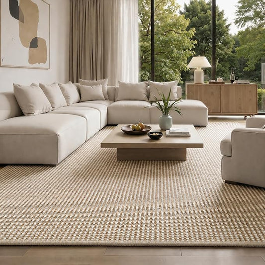 Faux Jute Area Rug 5'x7', Washable & Non-Slip, Taupe & White | 0.27" Low Pile