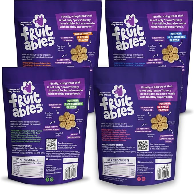 Fruitables Baked Crunchy Pumpkin Dog Treats, 7oz, Variety Pack of 4