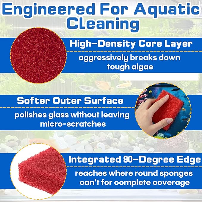12-Pack Aquarium Glass Cleaner Sponges 3.25" x 3.25" x 1", Non-Scratch Scrubber Pads, Thick & Durable, Safe for Glass Fish Tanks for Crystal Clear View (Red)
