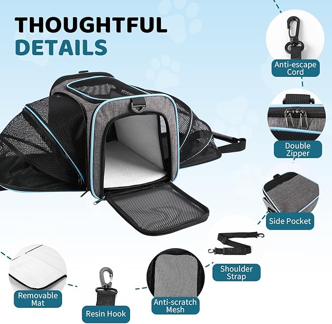 Airline Approved Pet Carrier for Cat - 17 * 11 * 11 Expandable Soft Side Pet Carrier, Collapsible Pet Travel Bag Carrier with Foldable Pet Bowl for Cat Small Animals Under 14LB