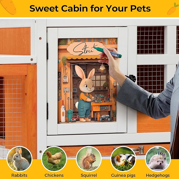 48" L Rabbit Hutch Outdoor Indoor, Expandable 2-Story Large Wooden Bunny Cage with Run, Removale Tray, Top-Opening Waterproof Roof, 2 Doors, DIY Drawing Board, Orange + Colorful Pattern