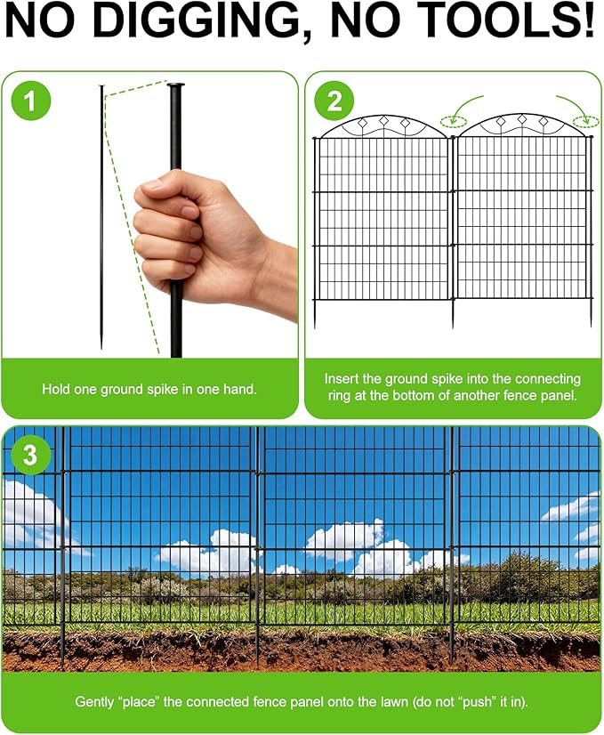 5 Panels Black Metal No Dig Garden Fence, 33in H x 24ft L Temporary Animal Barrier for Dogs & Rabbits, Reusable Outdoor Yard Fencing Without Lock