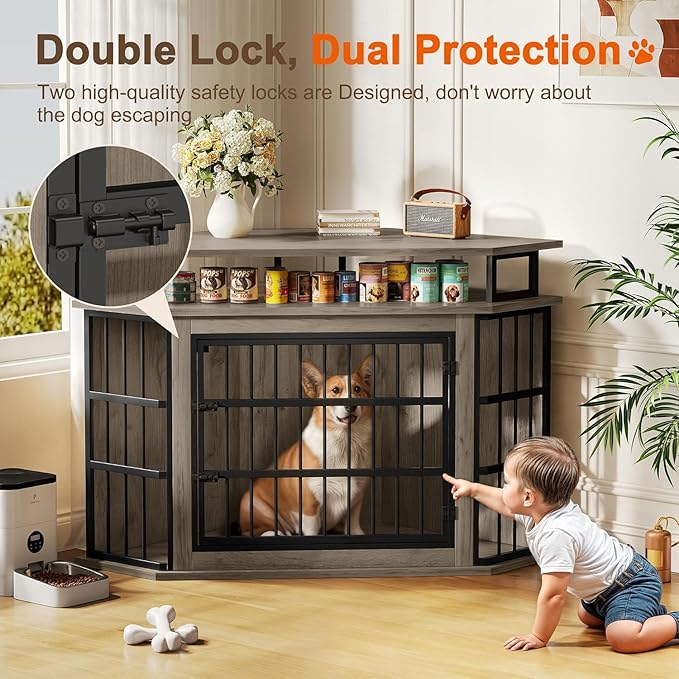 Corner Dog Crate Furniture with 2-Tier Shelves 51" Large Dog Kennel Indoor Wooden TV Stand Modern Dog Cage Decorative Pet House