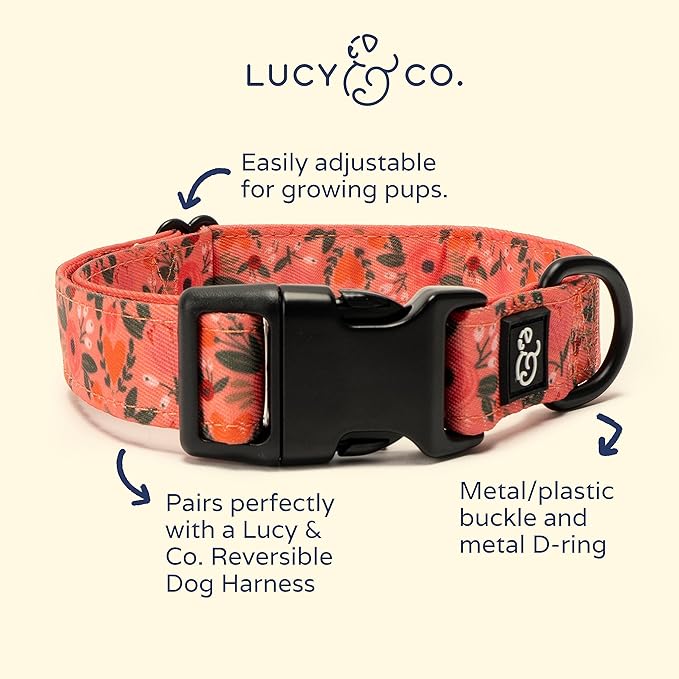 Lucy & Co. Posy Pink Dog Collar - Durable Lightweight Designer Collar for Pets - Adjustable Metal Safety Buckle - Coral Pink Floral - Large