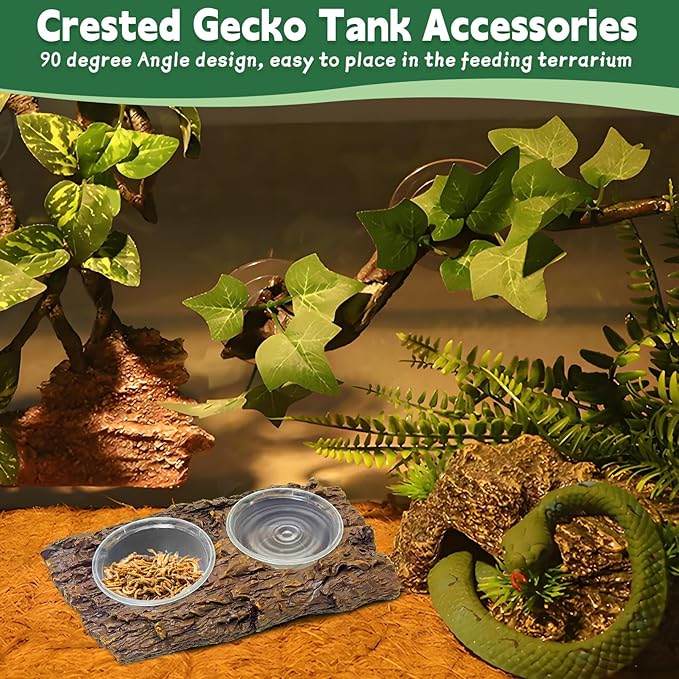 PINVNBY Double Gecko Feeder Bowl Resin Rock Reptile Water Dish with Feeding Cups Gecko Reptile Terrarium Tank Accessories for Bearded Dragons Leopard Lizard Snake Chameleon