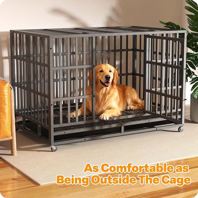48 Inch Heavy Duty Dog Crate, Indestructible Escape-Proof Dog Kennel for High Anxiety Large Dogs, Strong Metal Pet Cage with Double Doors, Lockable Wheels & Removable Tray, XL XXL XXXL