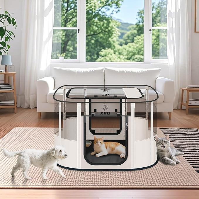 Dog Playpen with Waterproof pad,Portable Pet Crate Kennel Tent,Cat Cages Indoor Breathable Mesh Collapsible Dog Crates Playpen for Dogs Cat and Rabbit Travel Indoor & Outdoor(Large, Beige)