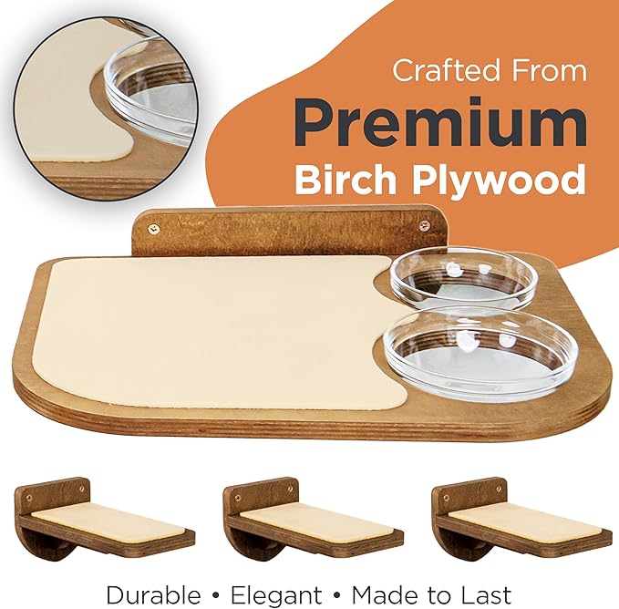 INICIO Cat Shelves – Dog Proof Feeding Station with Wall Mounted Shelves, 3 Steps for wall with Floating Shelf for Cats Up to 15lbs, Includes Attached Cat Food Bowl for Convenient Feeding – Brown