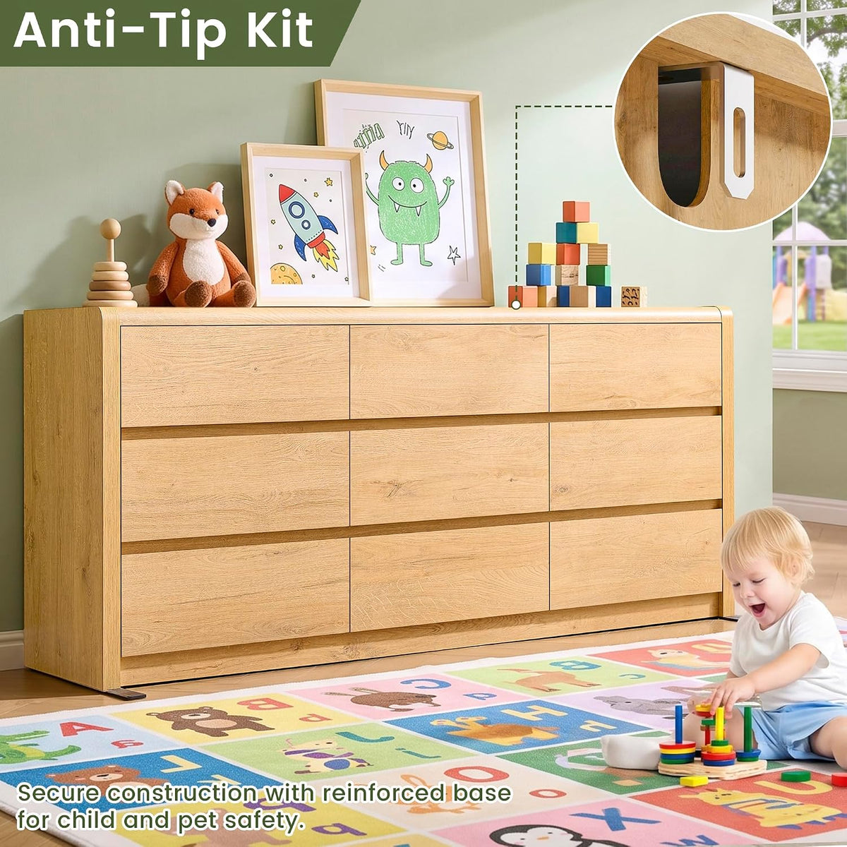 Modern 9 Drawers Dresser for Bedroom, 63” Wide Large Dressers & Chest of Drawers, Front Rounded Corner Handleless Design, Storage Dressers Organizer for Hallway, Living Room, Natural Color