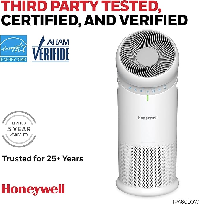 Honeywell Allergen Plus™ 3-in-1 HEPA Air Purifier for Home, Fan & Adjustable Airflow for Large Rooms up to 1928 Ft², Air Quality Sensor, Reduces Allergens, Pet Dander & Odors, HPA6000, White