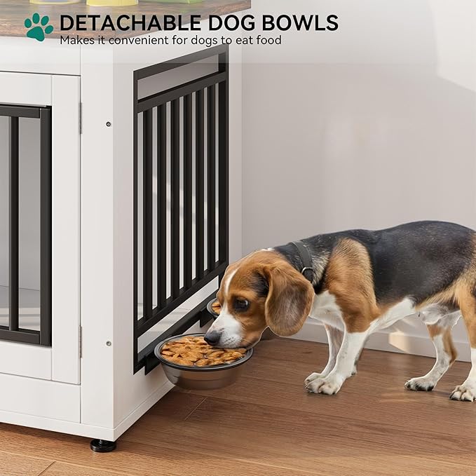 YITAHOME 35" Dog Crate Furniture, Wooden Side End Table with Adjustable Feet and Removable Bowls, Dog Kennel Indoor for Small Medium DogsV