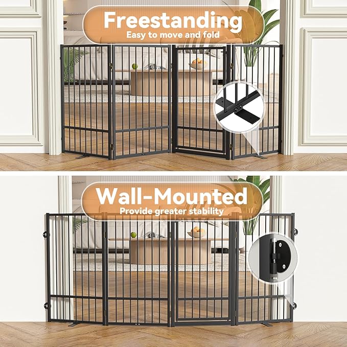 Full Metal Freestanding Dog Gate with Door, 36''Height Foldable Pet Dog Fence for Indoor & Outdoor, 4 Panels Extra Wide Free Standing TallDog Gates for Doorways,House,Stairs,Porch,Deck,Yard