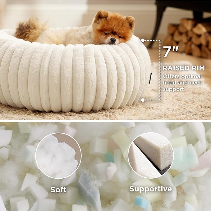 Bedsure Donut Large Dog Bed 23x23x7 inches with Waterproof Dog Blankets for Medium Dogs 25"x35", Cream