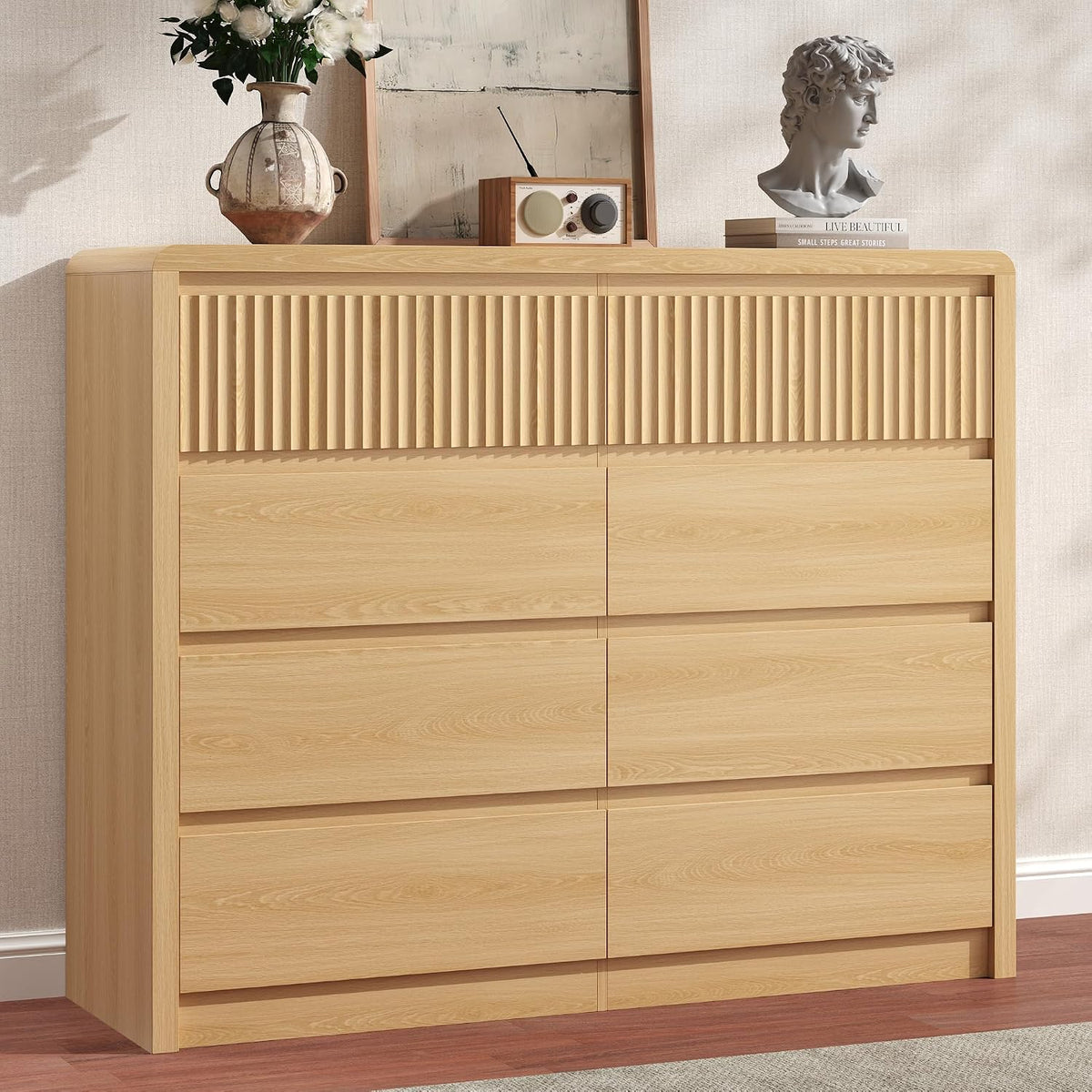 Fluted 8 Drawer Dresser for Bedroom, 50” Wide Modern Dresser & Chest of Drawers with Curved Profile Design, Wood Mid Century Dressers for Bedroom, Living Room, Oak