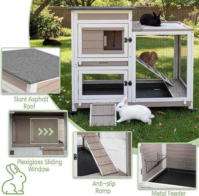 Rabbit Hutch Indoor Outdoor Wooden Bunny Cage with Wheels Removable Two Trays Guinea Pig Cages Waterproof Roof