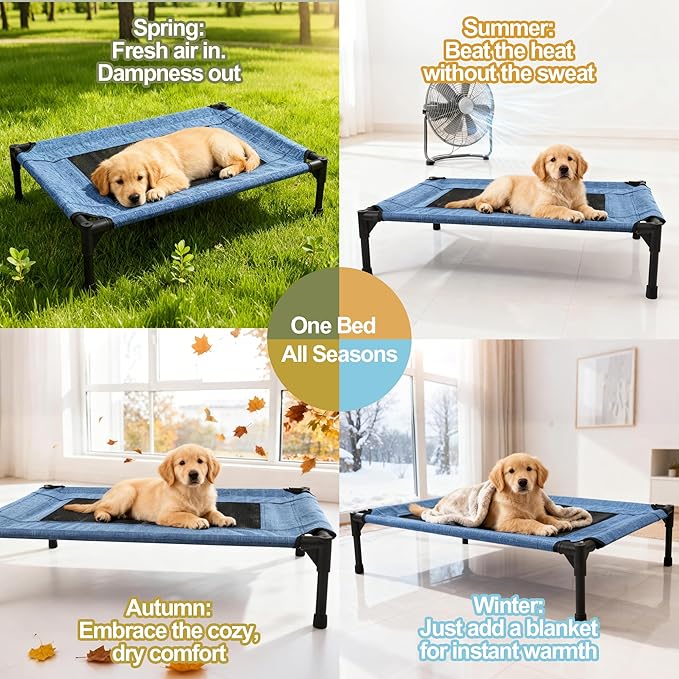 Raised Dog Bed Cooling Cot for Indoor Outdoor Use Portable Waterproof Mesh Pet Bed Washable for Large Medium Small Dogs, Blue