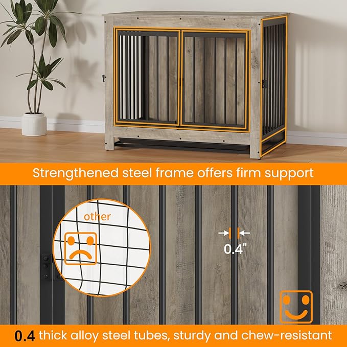 Dog Crate Furniture, 38 Inch Indoor Dog Kennel for Medium Dogs Up to 50 LBS, Heavy Duty Wooden Pet Cage End Table with 3 Doors, Alloy Steel Frame & Removable Tray