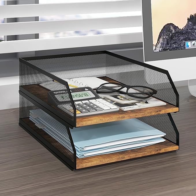 Natwind 2-Tier Stackable Paper Tray, Metal Mesh Desktop Organizer, Wood Board Paper Sorter, Letter Trays,File Document Storage Rack for for Home, Office, School (Retro)