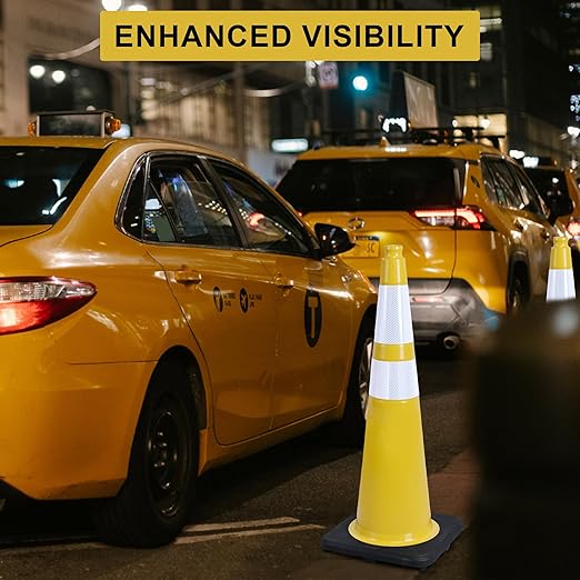 OrangeStar 4-Pack 36" Yellow Traffic Cones with Weighted Rubber Base, 2 Reflective Collars, Large Safety Cones for Parking Lot, Road Construction, Warehouse, Highway, Weatherproof PVC