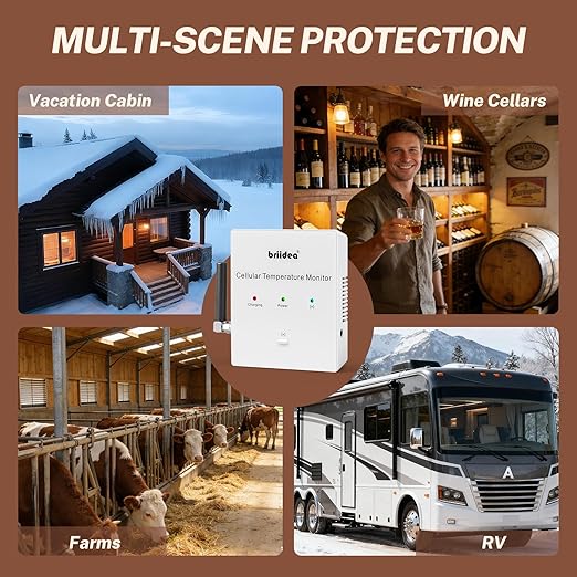 RV Pet Temperature Monitor, Briidea 4G Cellular & Temperature Humidity Sensor, No WiFi Required, 24/7 Remote Monitoring Alerts with App, for Cabin and Warehouse (1 Year Subscription Included)
