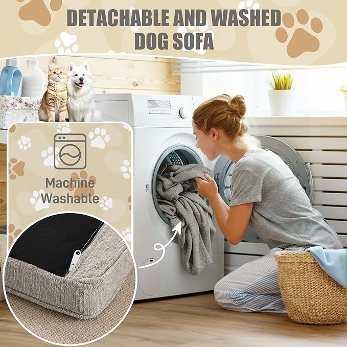 Dog Sofa Couch for Medium and Large Dogs, Memory Foam Dog Sofa Couch with Washable Fabric, Durable Elevated Pet Bed with Legs, Removable Cushion for Medium to Large Dogs, Beige