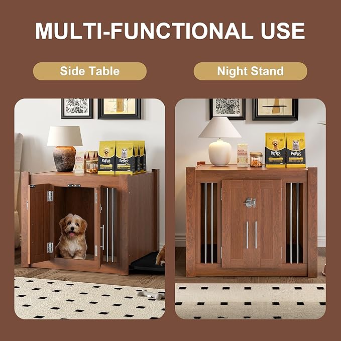 2 in 1 Night Stand with Storage & Dog Crate Furniture, Luxury Wooden Side Table Dog Kennel, Dogs Cage House Kennel End of Bed Bench Ottoman with Removable Cushion,Walnut-MDFMetal