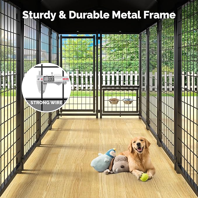 Sino Luban Outdoor Dog Kennel Outside Run with Doggy Door, Swivel Feeder&Roof - 8x4x6FT Large Dog Kennels Pens Outside for Large Dogs Breed- Heavy Duty Cage Yard (Can Connect to Your Dog House)