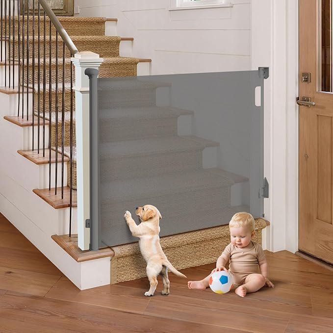 Retractable Baby Gate for Stairs, 71" Wide Mesh Pet Gate, Automatic Tension, One-Hand Operation, 38" Tall Baby Gates for Doorways, Hallways, Deck, Indoor Outdoor, Safe, Easy to Fit, Gray