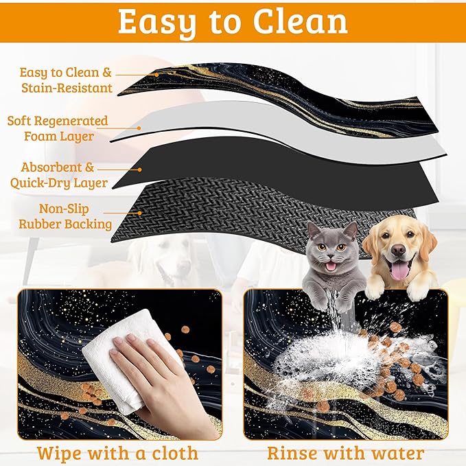 Dog Bowl Mat,Abstract Marbled Pet Feeding Mat for Floors Waterproof,Gold Black Absorbent Dogs Placemat for Food and Water Quick Dry Pet Cat Feeding Mats with Non Slip Bottom 12" x 20"
