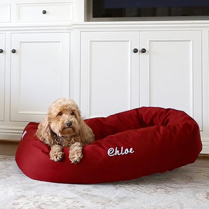 Majestic Pet Personalized 32 Inch Bagel Calming Dog Bed - Washable, Cozy Soft Round With Spine Support - Fluffy Donut Shape 32x23x7 Inch for Medium Dogs - Red