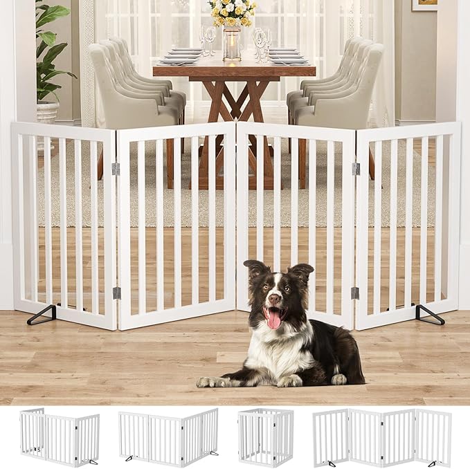 Homykic Bamboo Freestanding Dog Gate, No Assembly Pet Gate Indoor, 24”H x 75”W Extra Wide Foldable Puppy Barrier Fence with Support Feet for The House, Doorways Stairs, 4 Panels, No Drilling