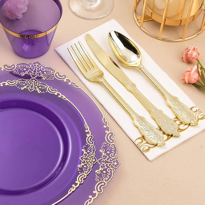 700PCS Clear Purple Plastic Plates for 100 Guests, Disposable Plate with Gold Trim include 100 Dinner plates, 100 Dessert Plates, 100 Gold Silverware, Cups and Napkins for Party, Graduation