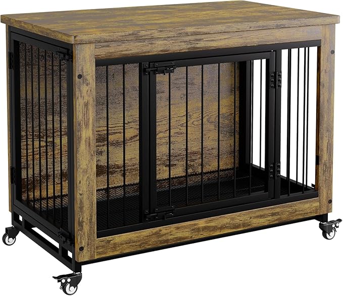 38.6 Inch Rustic Wooden Dog Crate Furniture with 3 Doors, Heavy Duty Indoor Dog Kennel Side Table with Wheels and Removable Tray, Easy-Clean Pet House Cage for Small to Medium Dogs