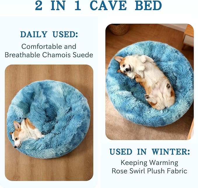 NOYAL Calming Dog Bed for Anxiety, Hooded Donut Cave with Blanket, Plush Fluffy Washable Pet Bed for Small Medium Dogs & Cats