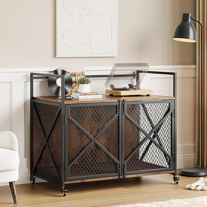 Dog Crate Furniture, 41 Inch Dog Kennel Indoor with Removable Cushion, Heavy Duty Dog Crate for Large Dogs and Medium Dogs, Wooden Dog Cage End Table with Double Doors, Rustic Brown