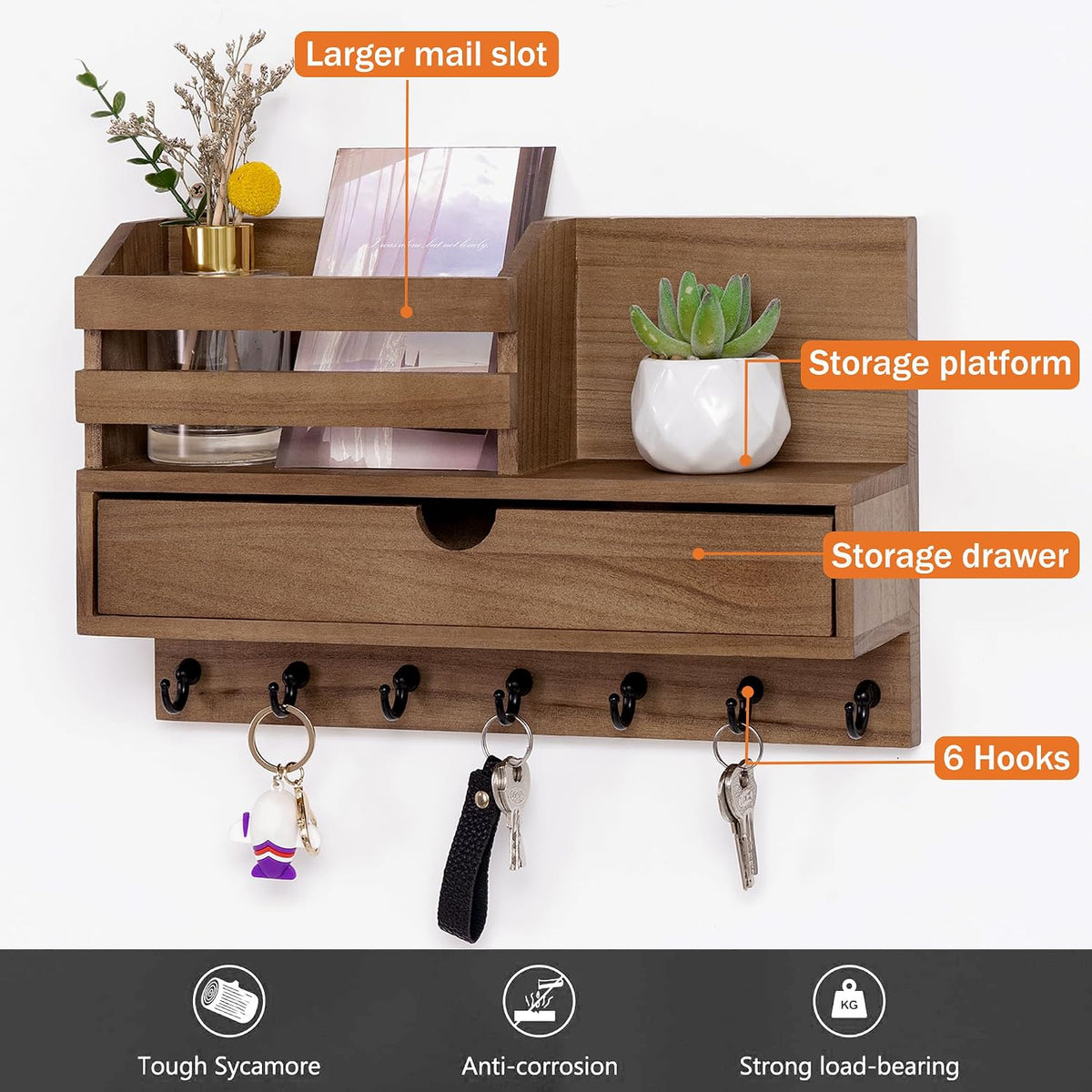 Key Holder Wall Mount, Mail Organizer with 7 Hooks and Storage Drawer
