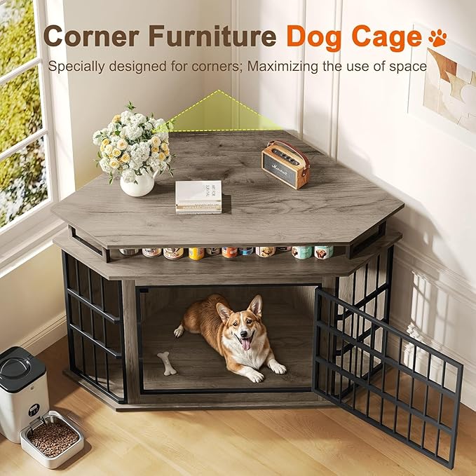 Corner Dog Crate Furniture with 2-Tier Shelves 51" Large Dog Kennel Indoor Wooden TV Stand Modern Dog Cage Decorative Pet House