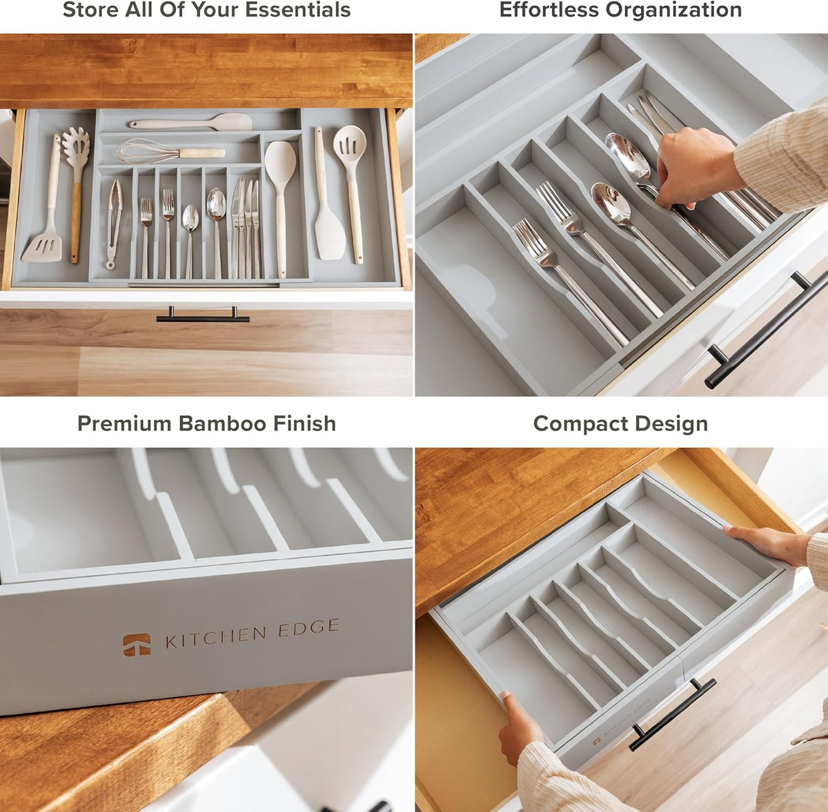 KitchenEdge Silverware & Utensil Drawer Organizer, 18-33 in, Gray Bamboo