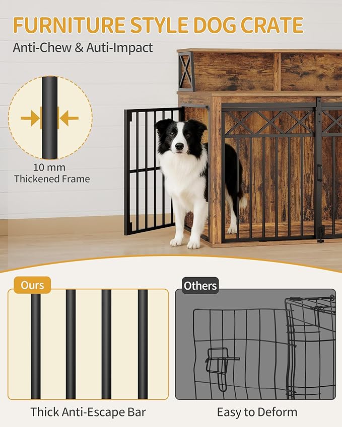 39.4'' Dog Crate Furniture, Large Wooden Dog Crate with Storage and 3 Doors, Indoor Kennel for Medium/Large Dogs, End Table with Barn Door, Chew-Proof and Escape-Proof, Rustic Brown DFC87401B